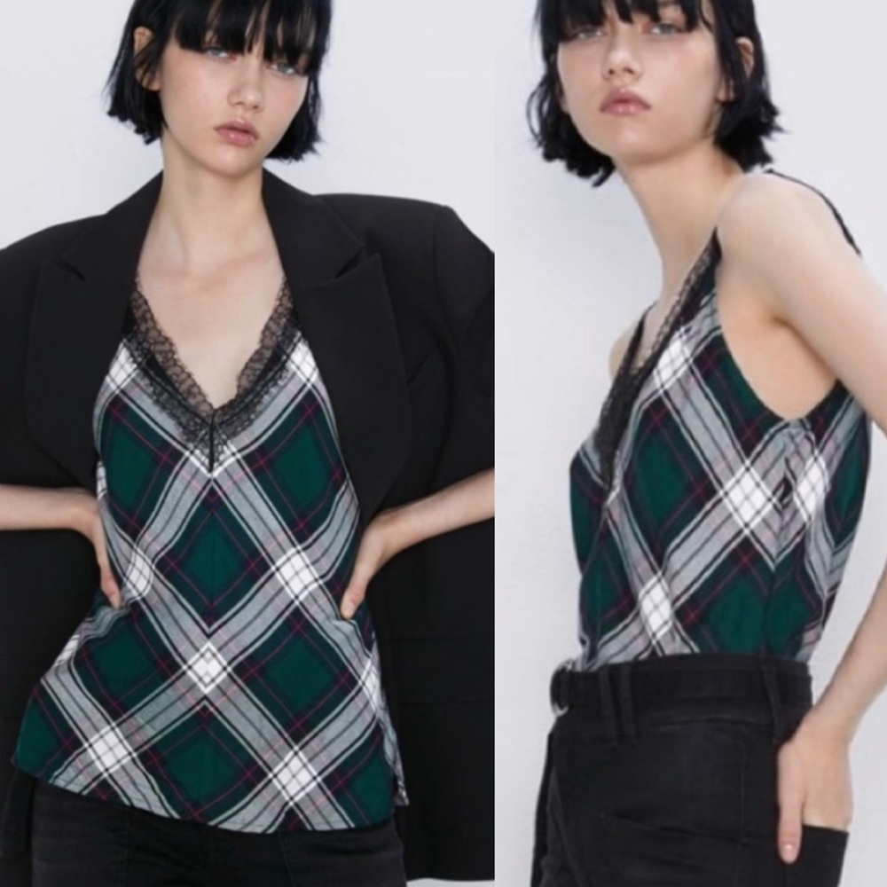 ZARA green plaid lace trim tank size XS